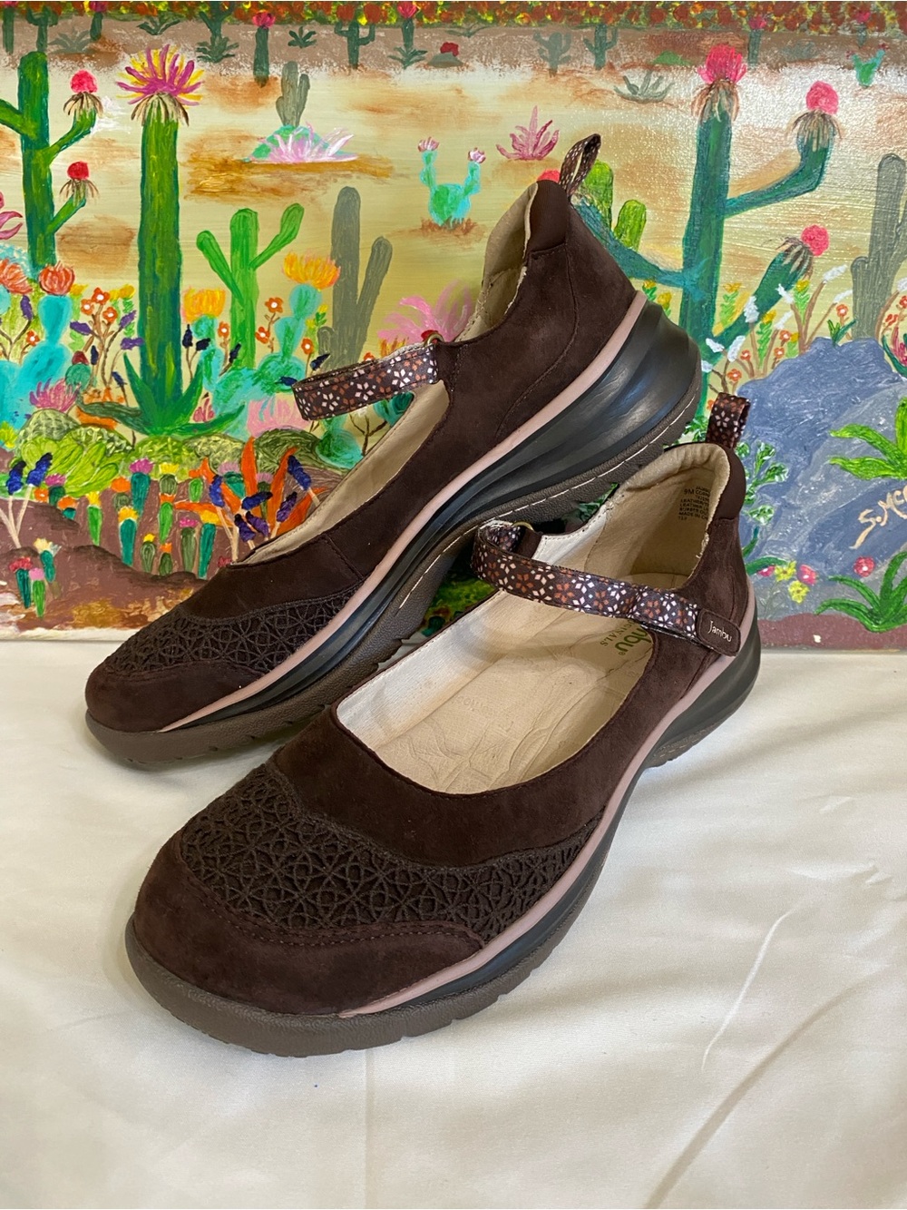 Jambu Originals Cornflower Mary Jane Shoe Suede Brown with Pink Accent, W9